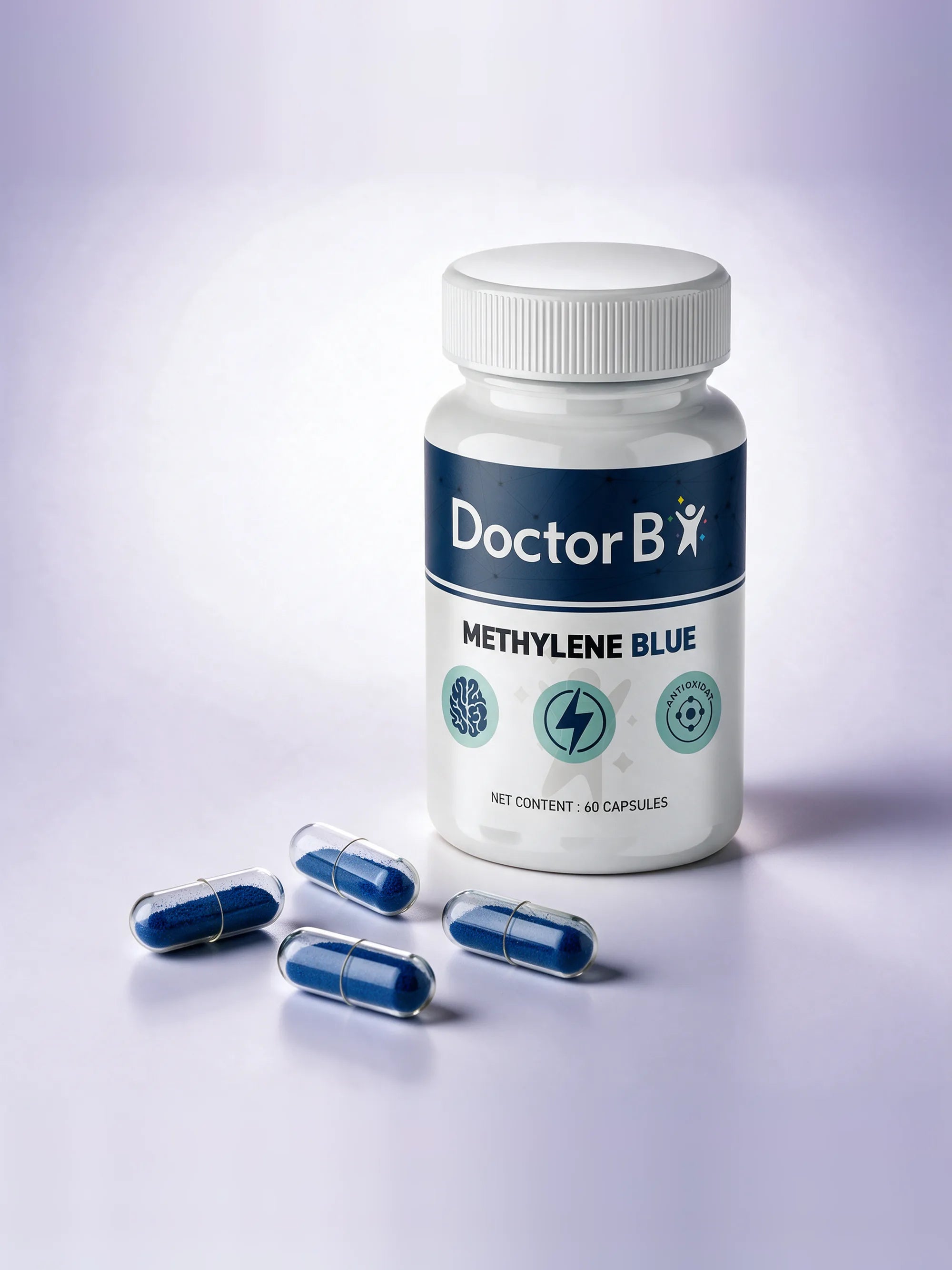 Clear capsules filled with blue powder in front of a Doctor B Methylene Blue bottle