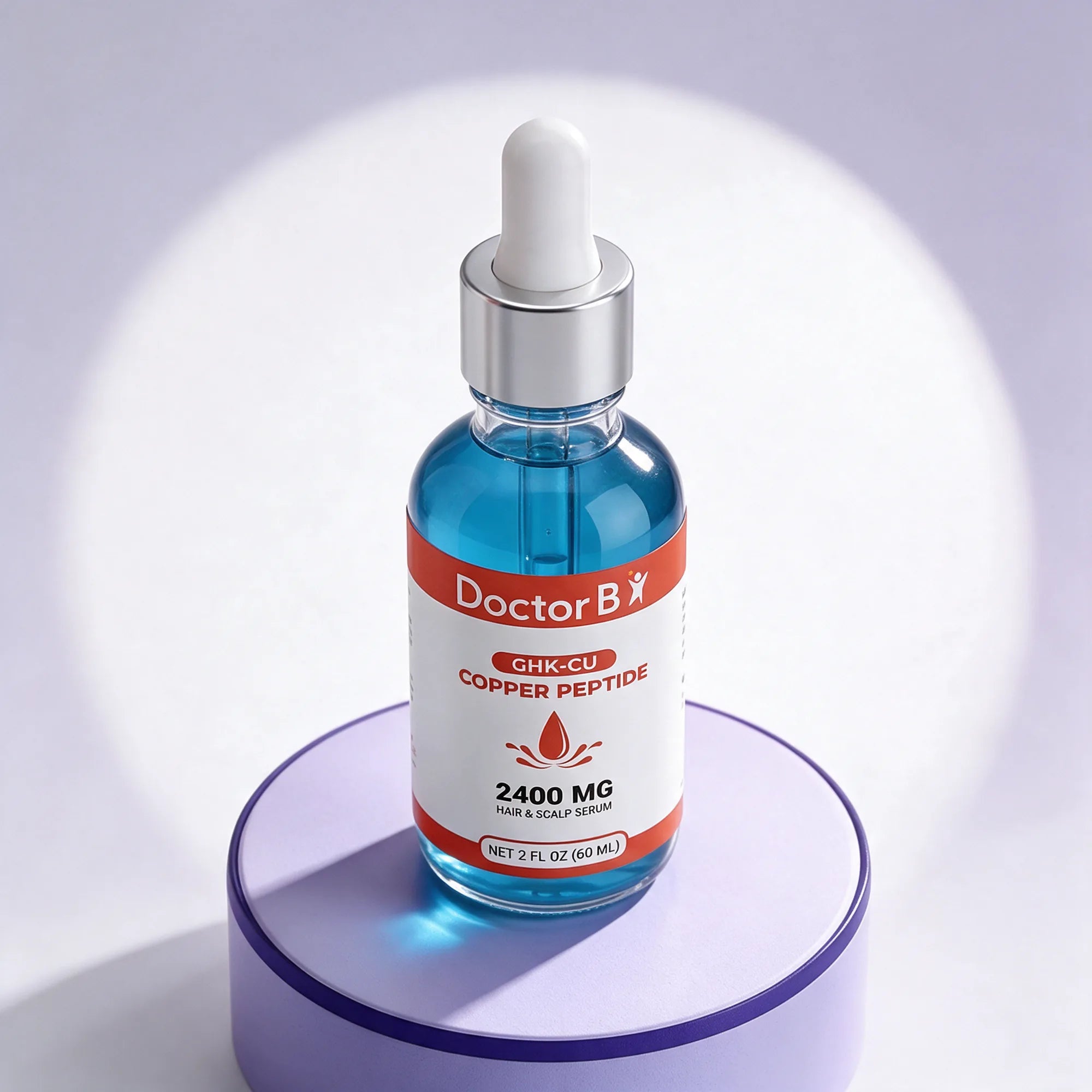 The serum bottle on a light lavender stand
