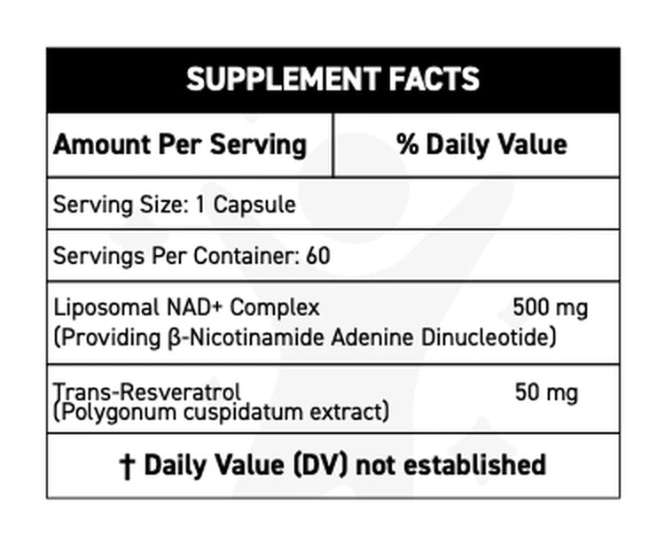 Supplement Facts panel from the bottle label: liposomal NAD+ complex 500 mg, trans-resveratrol 50 mg