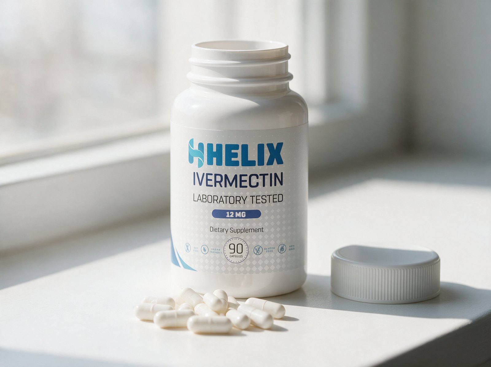 HELIX IVMCT bottle opened, capsules on the bench