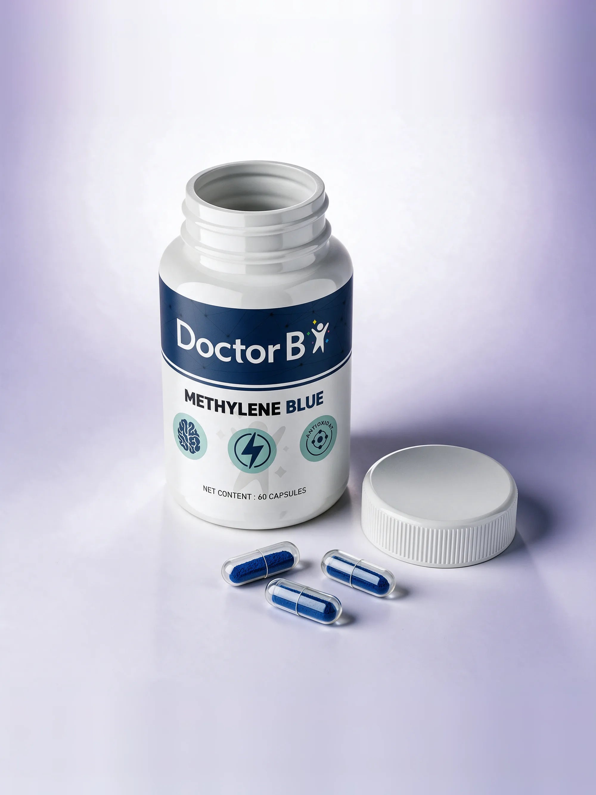 Open bottle of Doctor B Methylene Blue with three clear capsules of blue powder in front