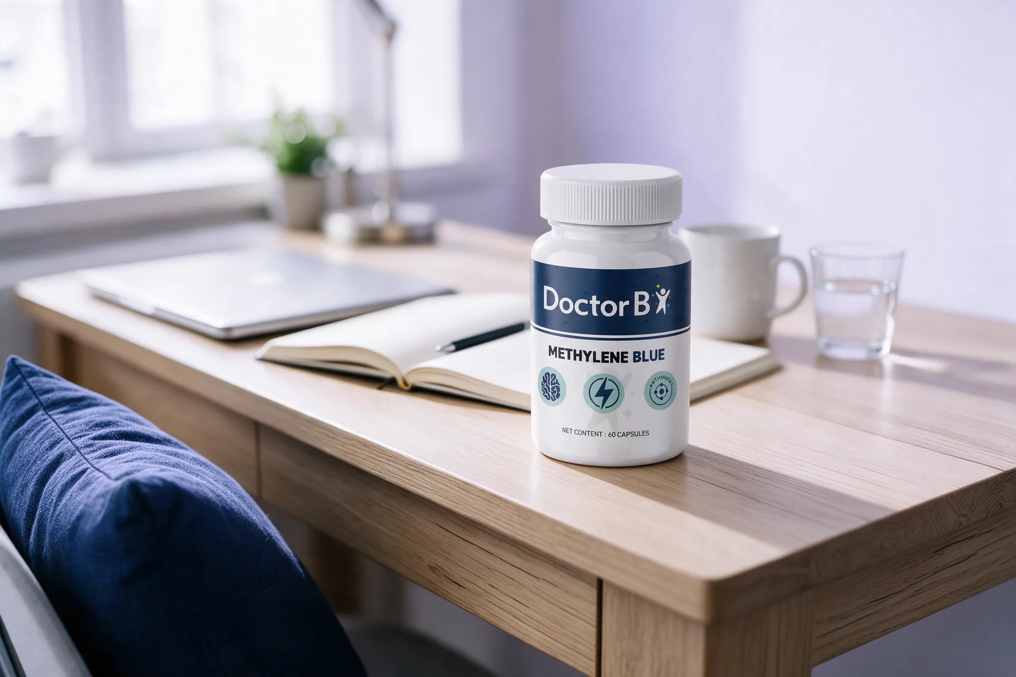 Doctor B Methylene Blue on a tidy desk beside a notebook and a closed laptop