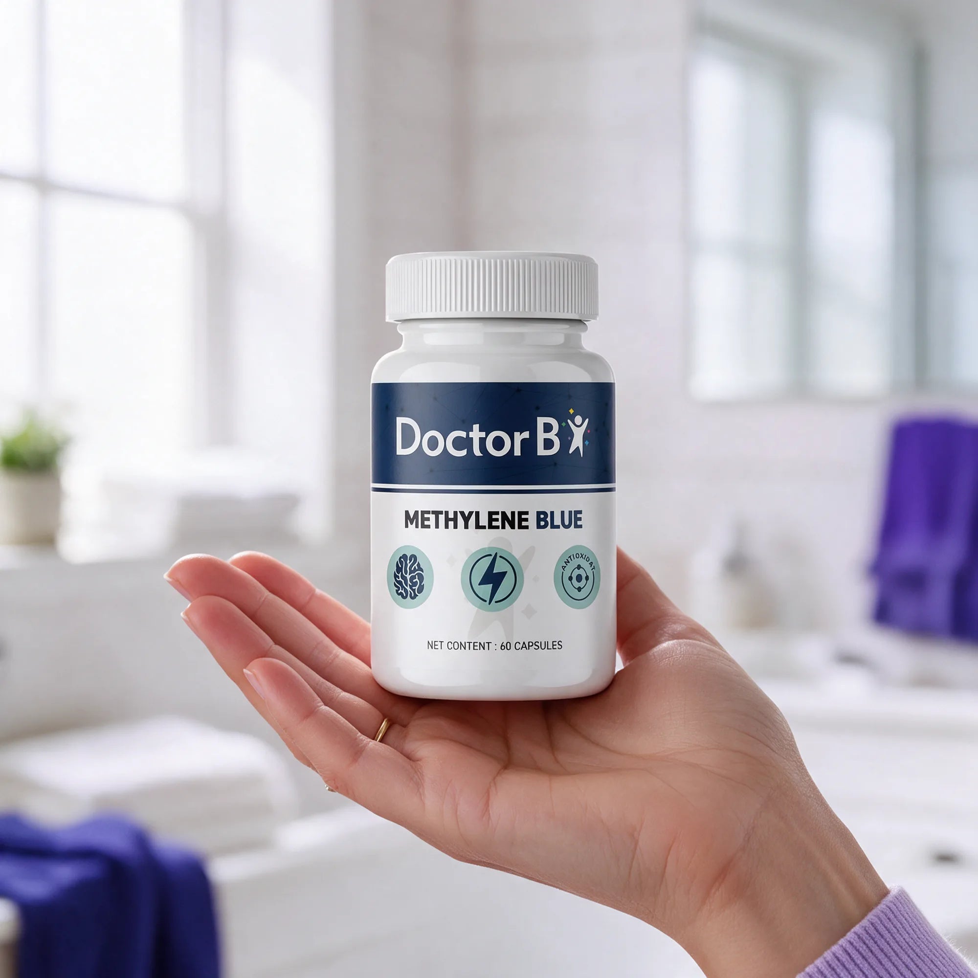 A hand holding a bottle of Doctor B Methylene Blue in a bright bathroom