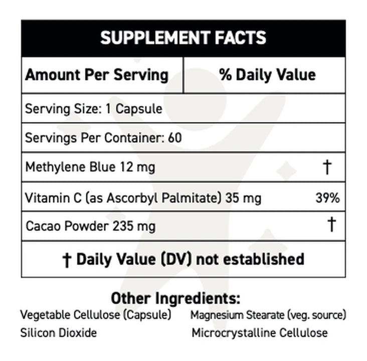 Supplement Facts panel from the bottle label: methylene blue 12 mg, vitamin C 35 mg (39% DV), cacao powder 235 mg