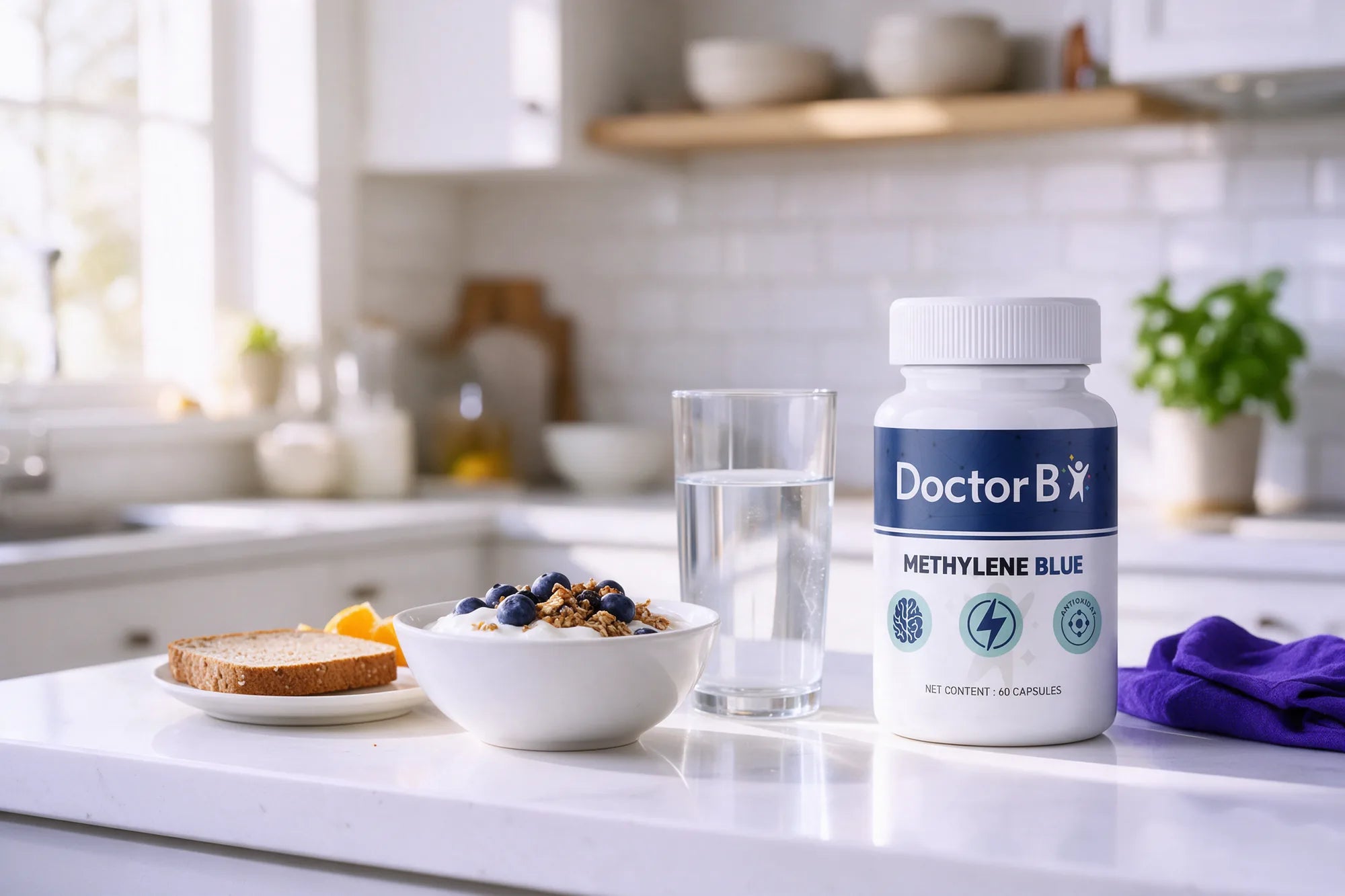 Doctor B Methylene Blue on a kitchen counter beside a glass of water and breakfast
