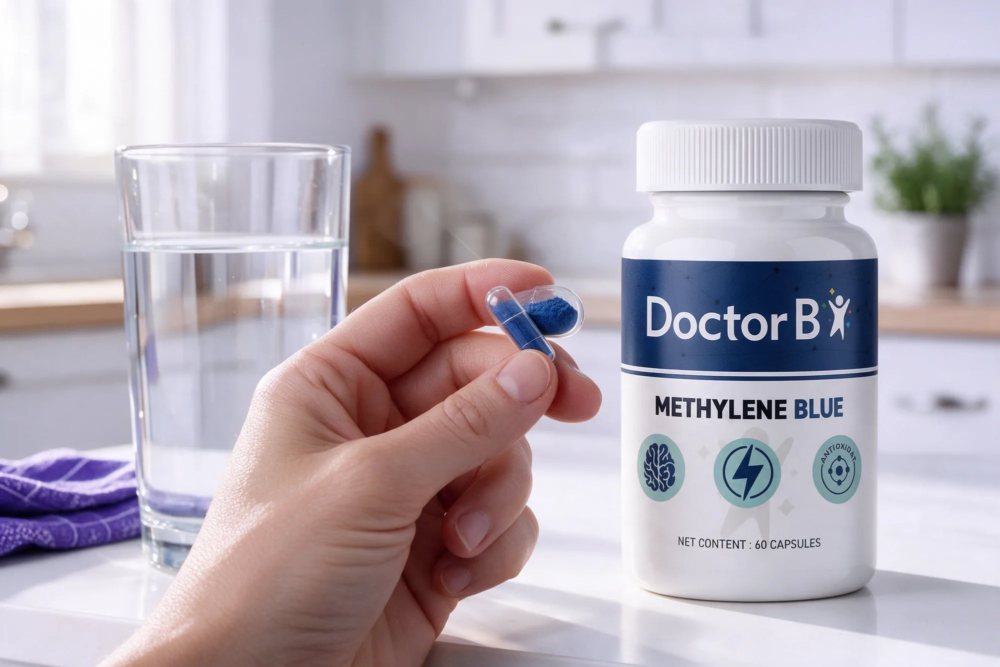A hand holding one clear capsule of blue powder beside a glass of water and a bottle of Doctor B Methylene Blue