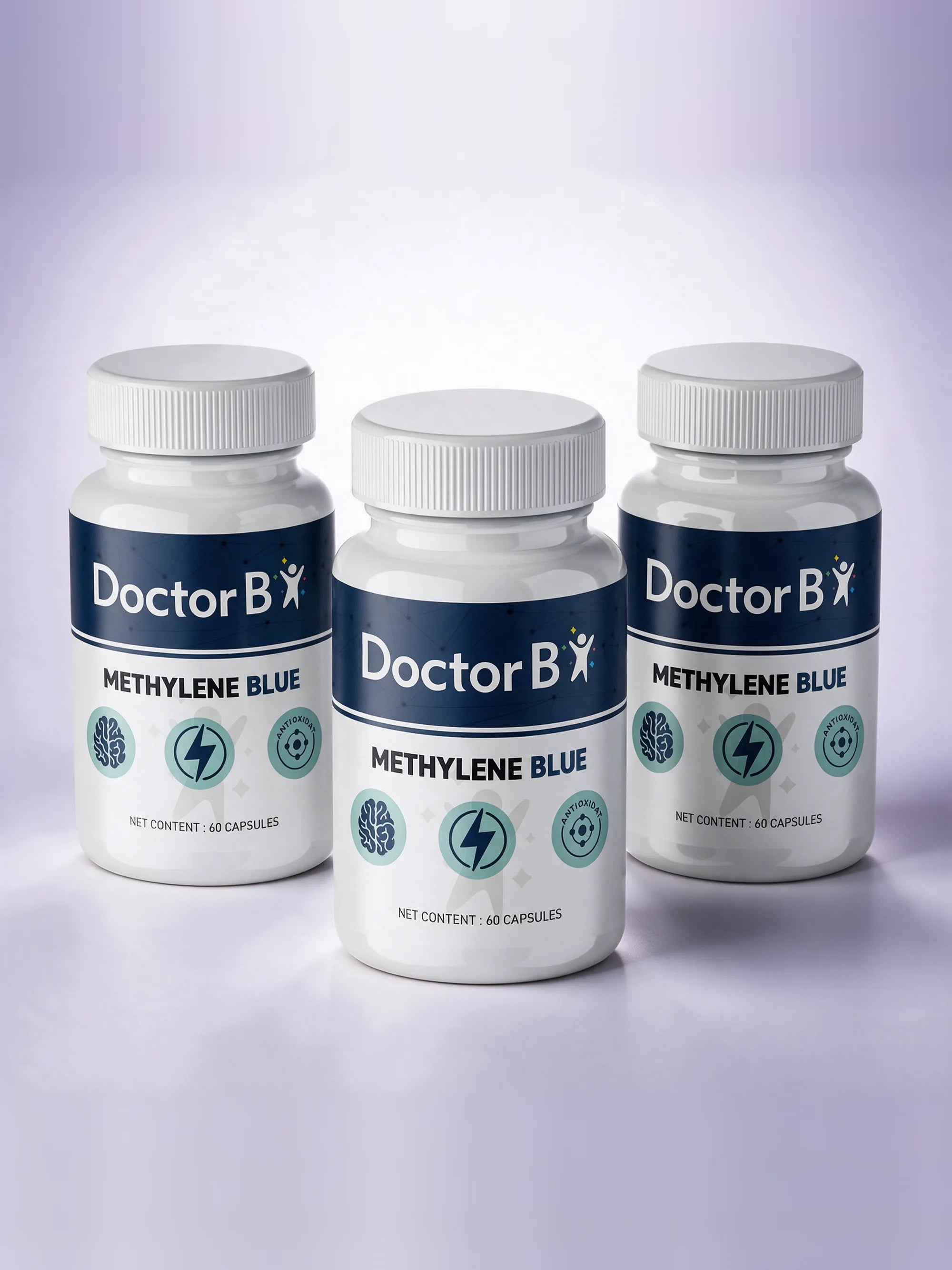 Three bottles of Doctor B Methylene Blue