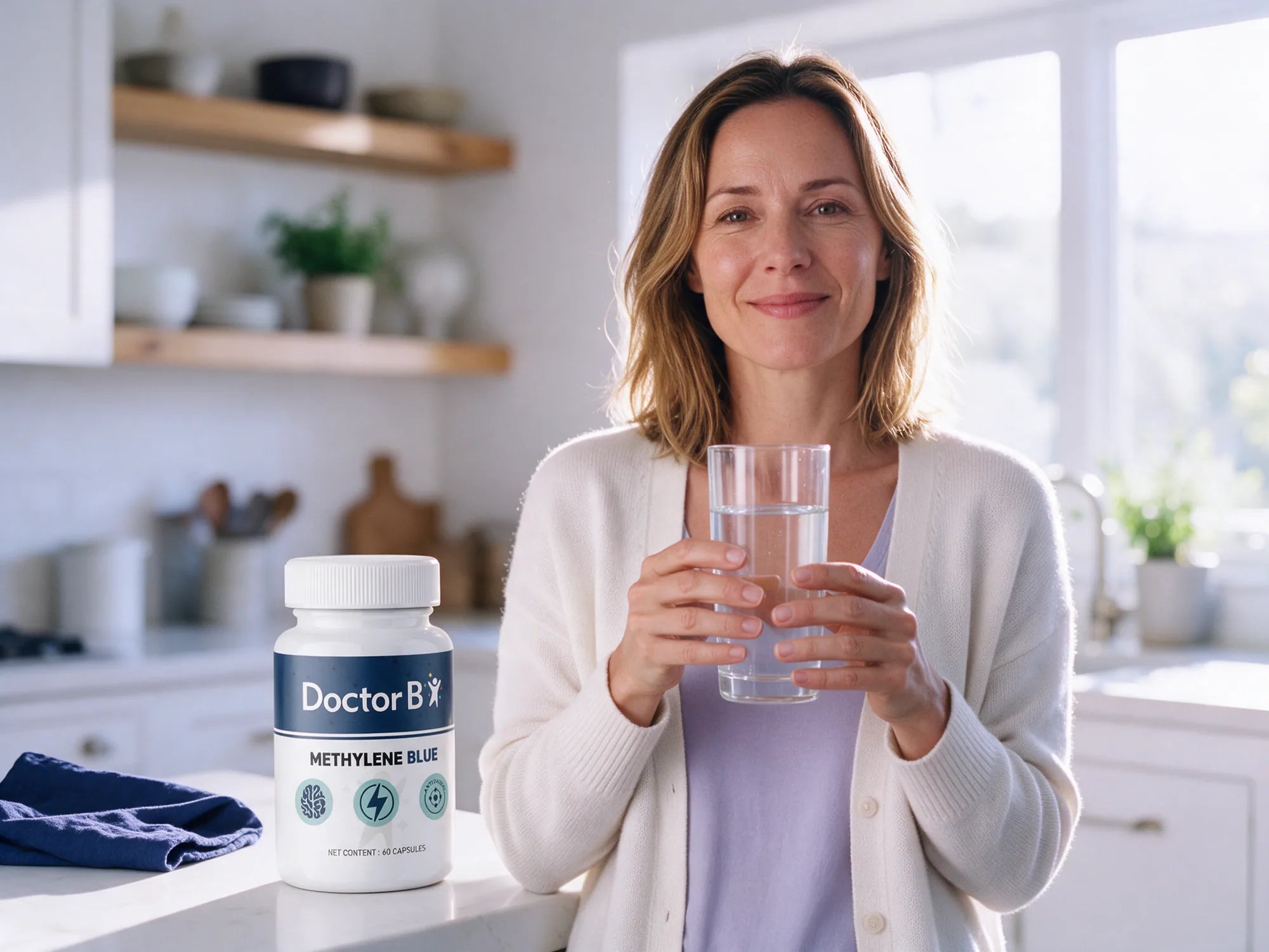 A smiling woman holding a glass of water in a bright kitchen, Doctor B Methylene Blue on the counter