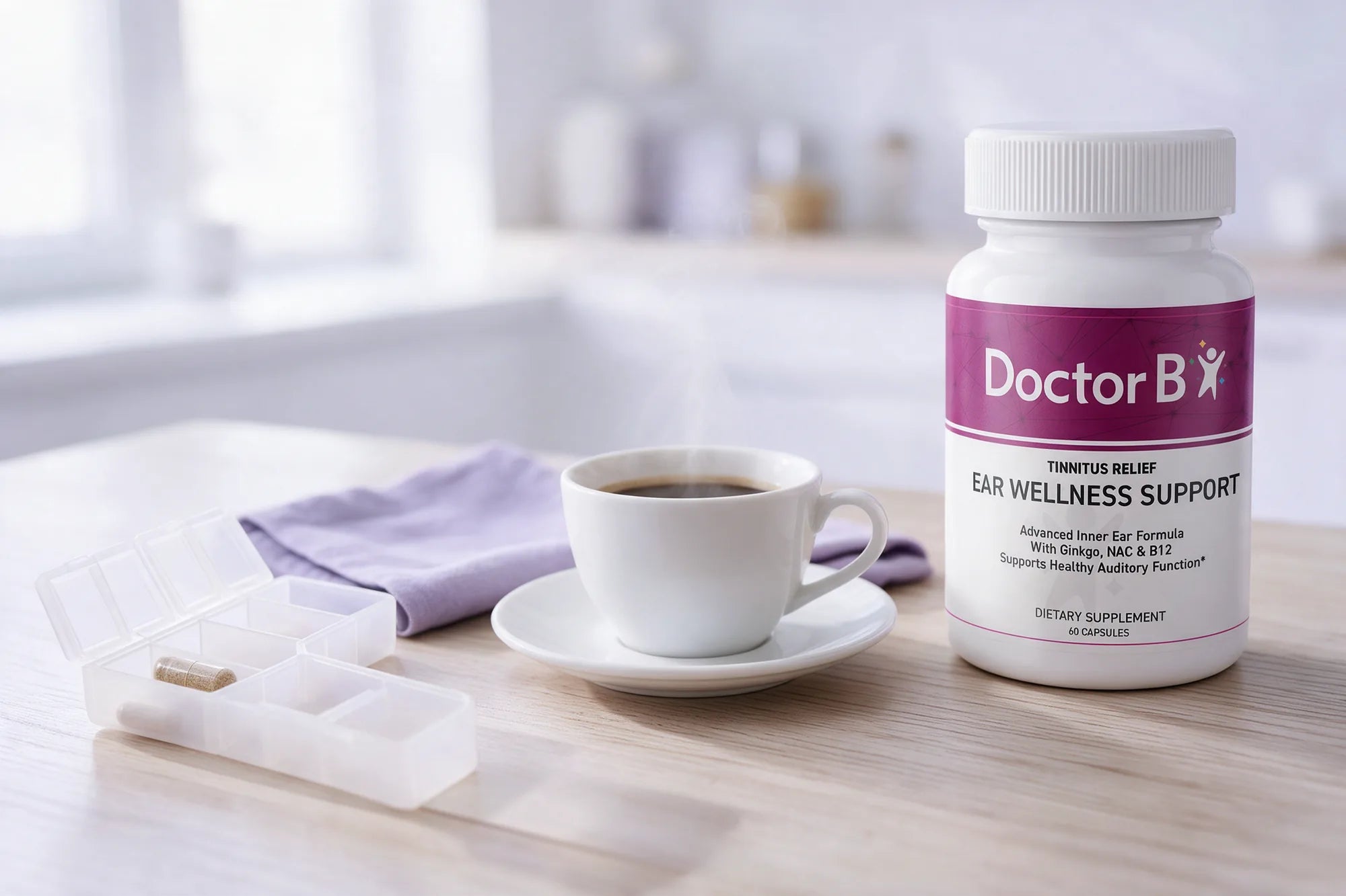 The bottle beside a cup of coffee and a weekly pill organizer