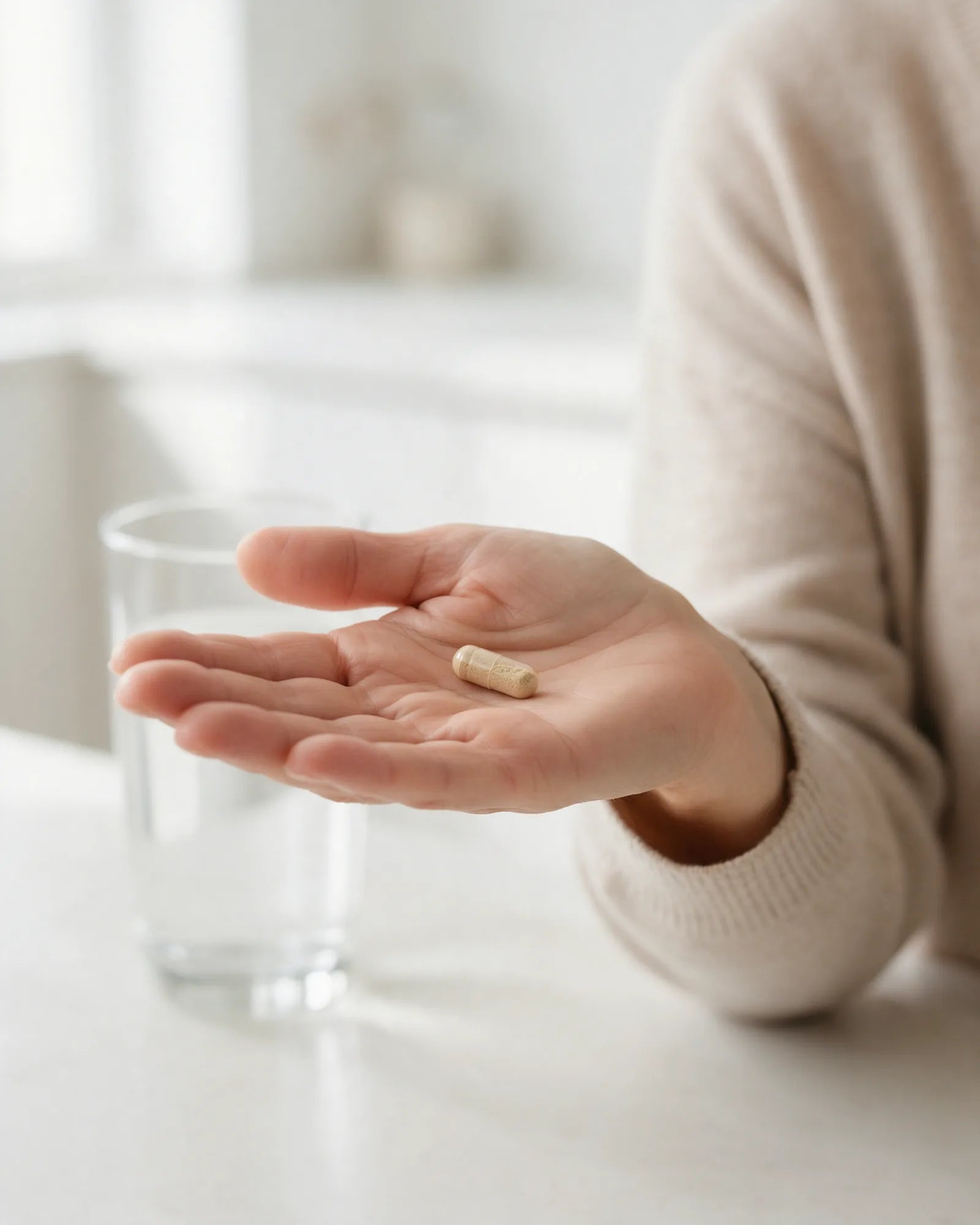 An open hand holding one capsule beside a glass of water