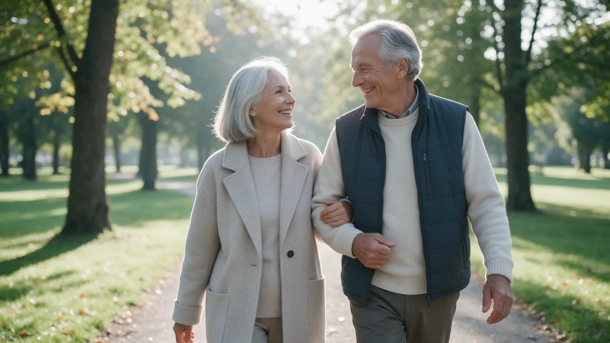 A couple walking arm in arm in a park on an autumn morning