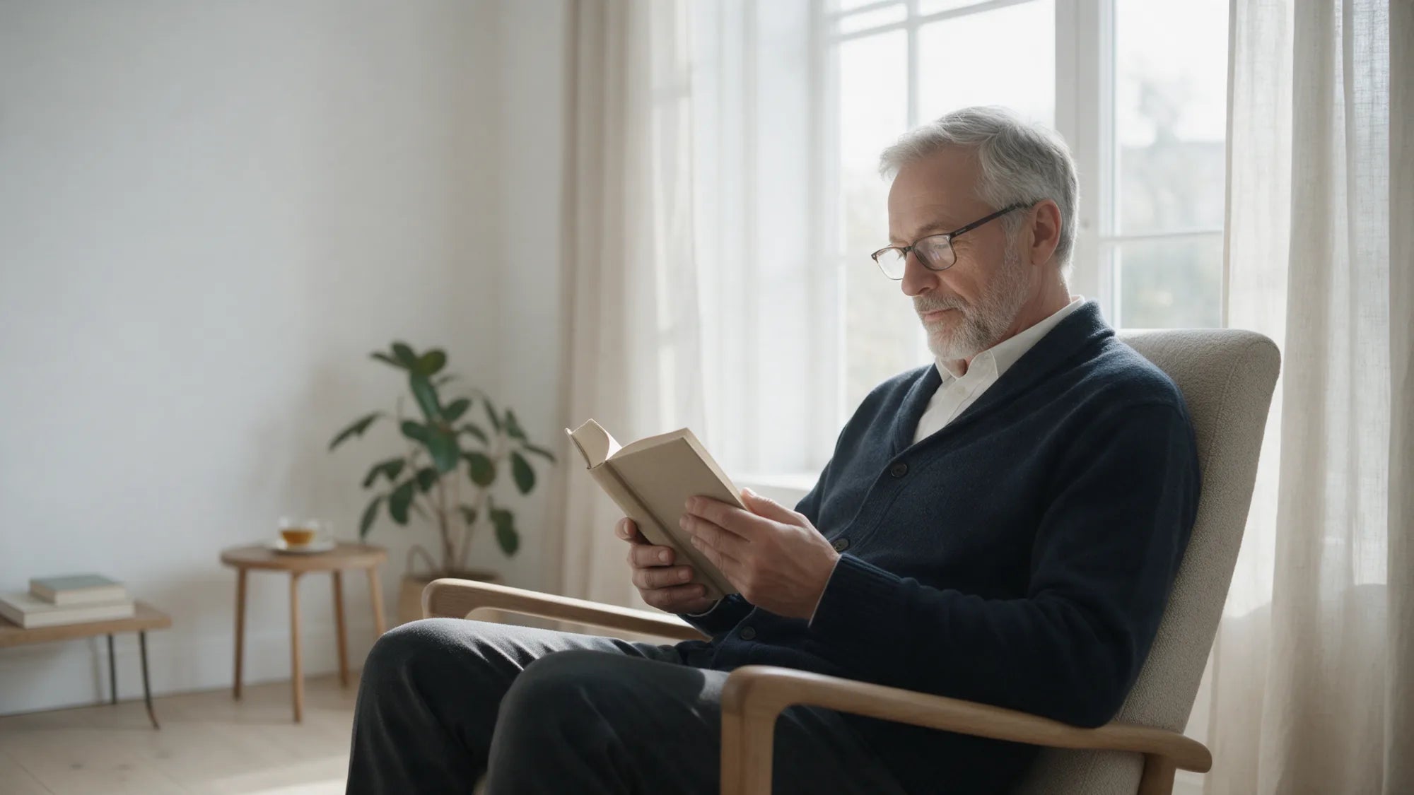 A man reading a book in an armchair in a bright living room