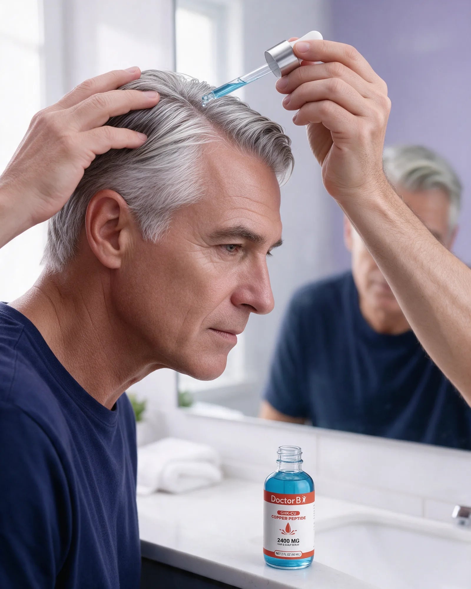 A man with full grey hair applying a drop of serum along a part at a bathroom mirror