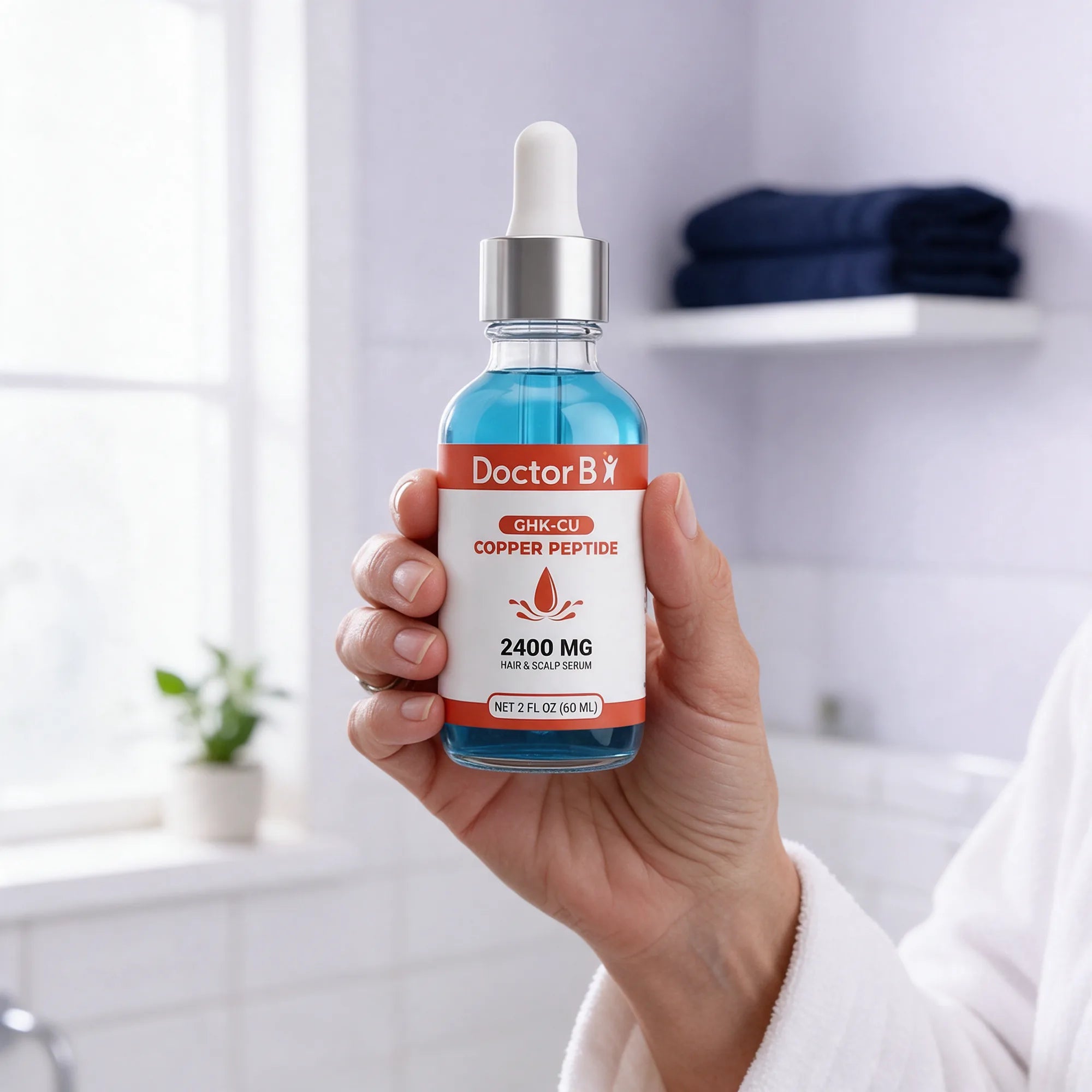 A hand holding the serum bottle in a bright bathroom