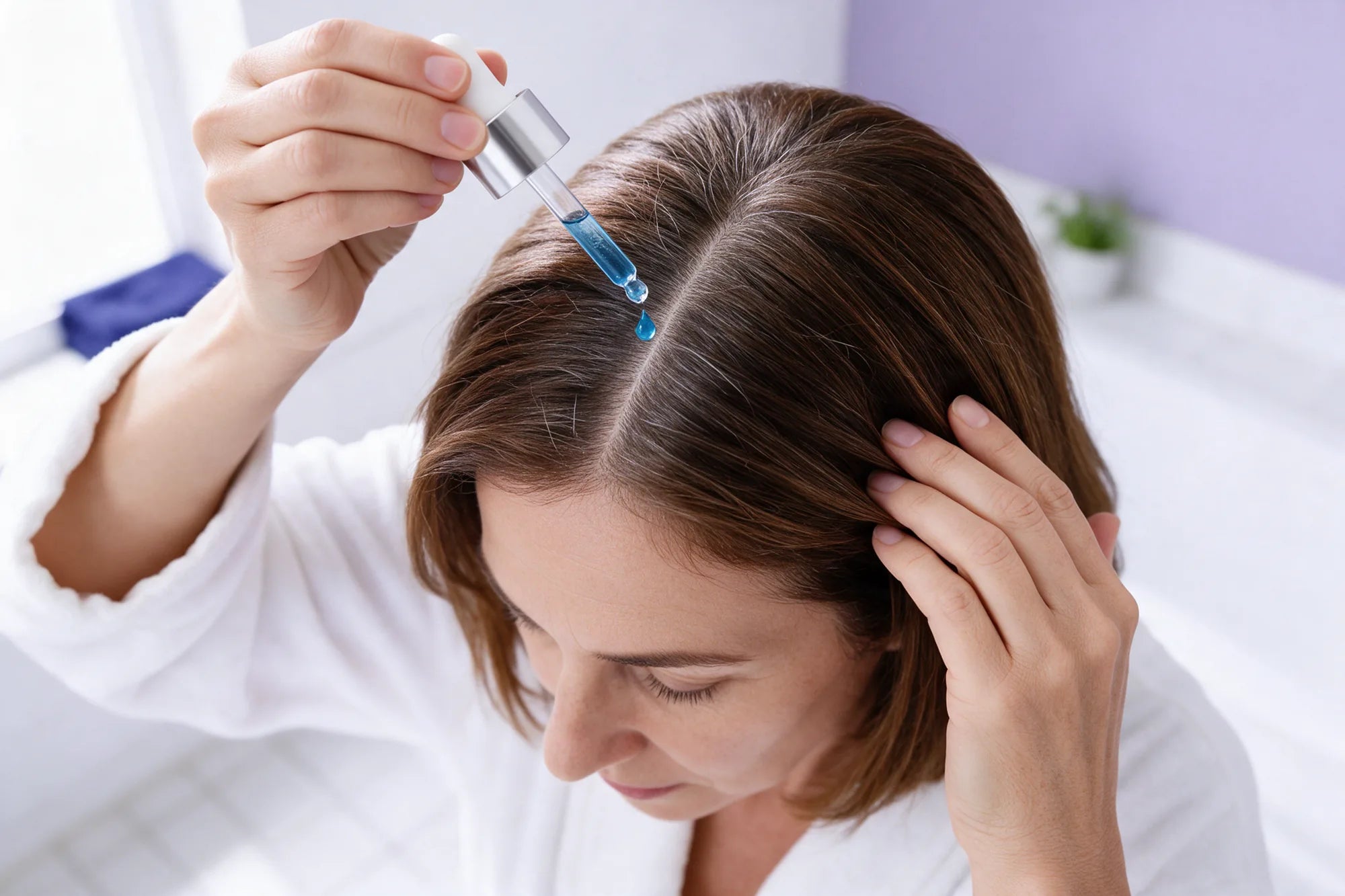 A drop of serum falling from the dropper onto a part in the hair