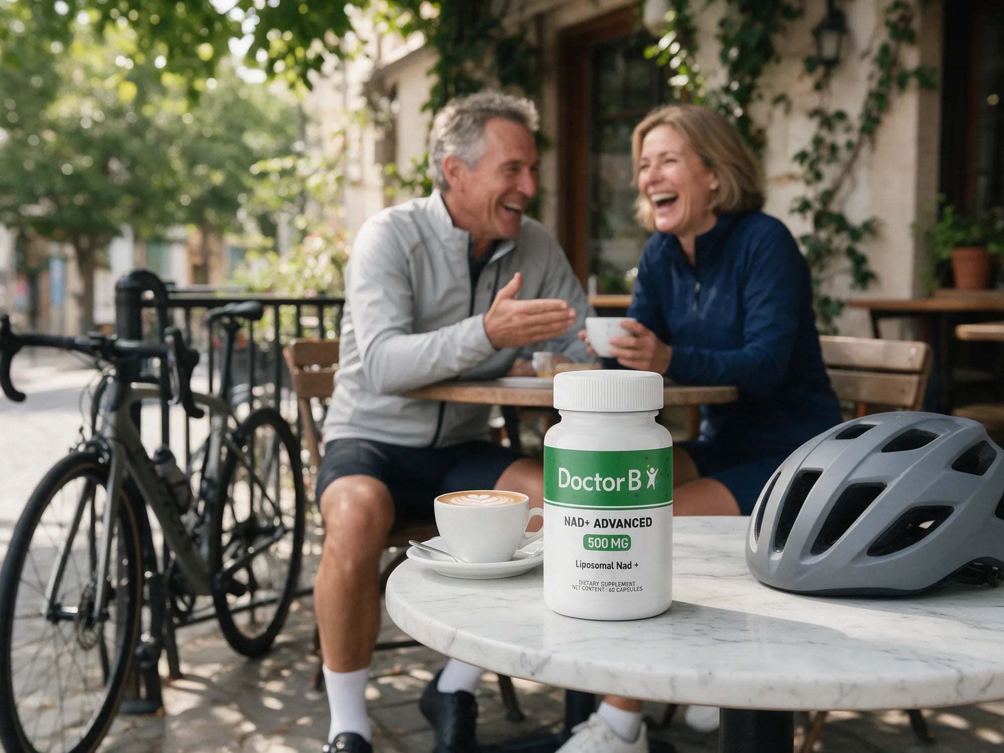 A table at an outdoor cafe with a coffee, a cycling helmet and a bottle of Doctor B NAD+ Advanced