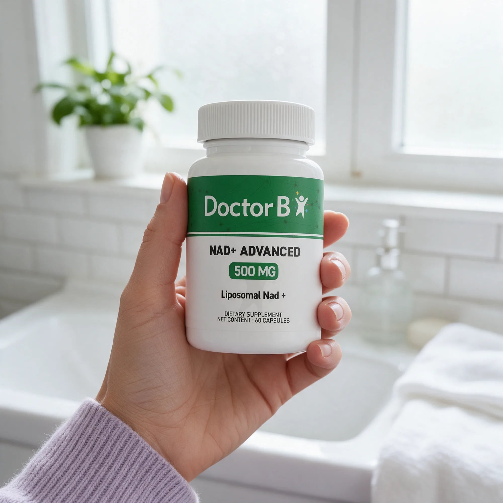 A hand holding a bottle of Doctor B NAD+ Advanced