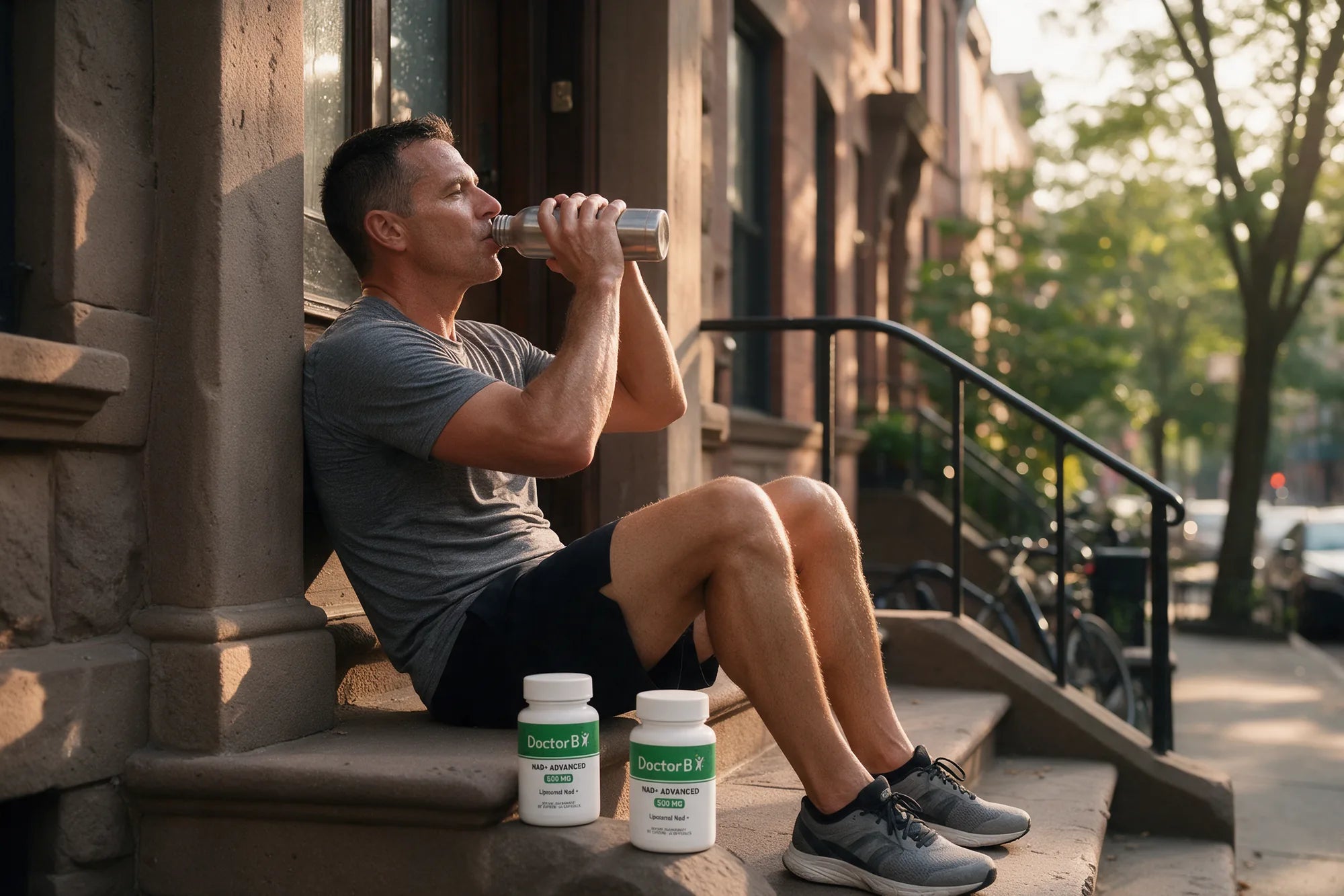 A man resting on porch steps after a morning run, drinking water, a bottle of Doctor B NAD+ Advanced beside him