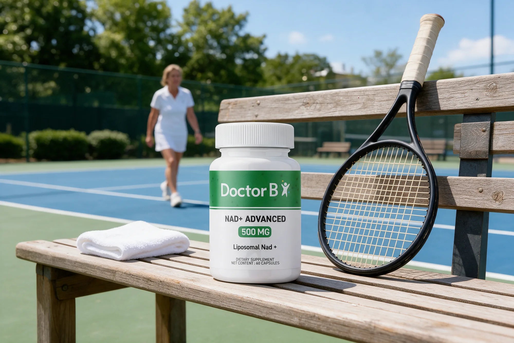 A bottle of Doctor B NAD+ Advanced on a courtside bench beside a towel and a tennis racket