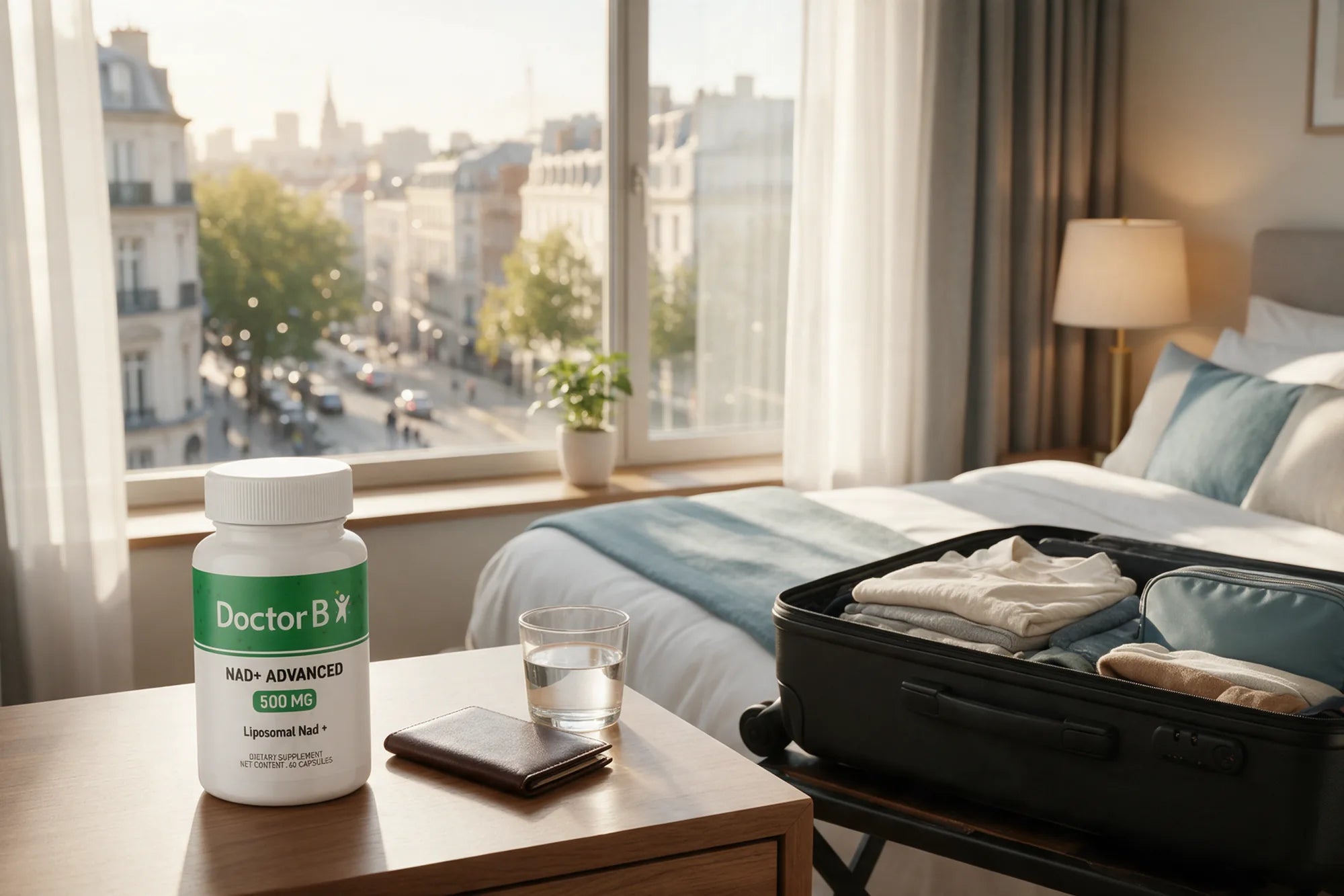 A bottle of Doctor B NAD+ Advanced on a hotel nightstand beside an open carry-on