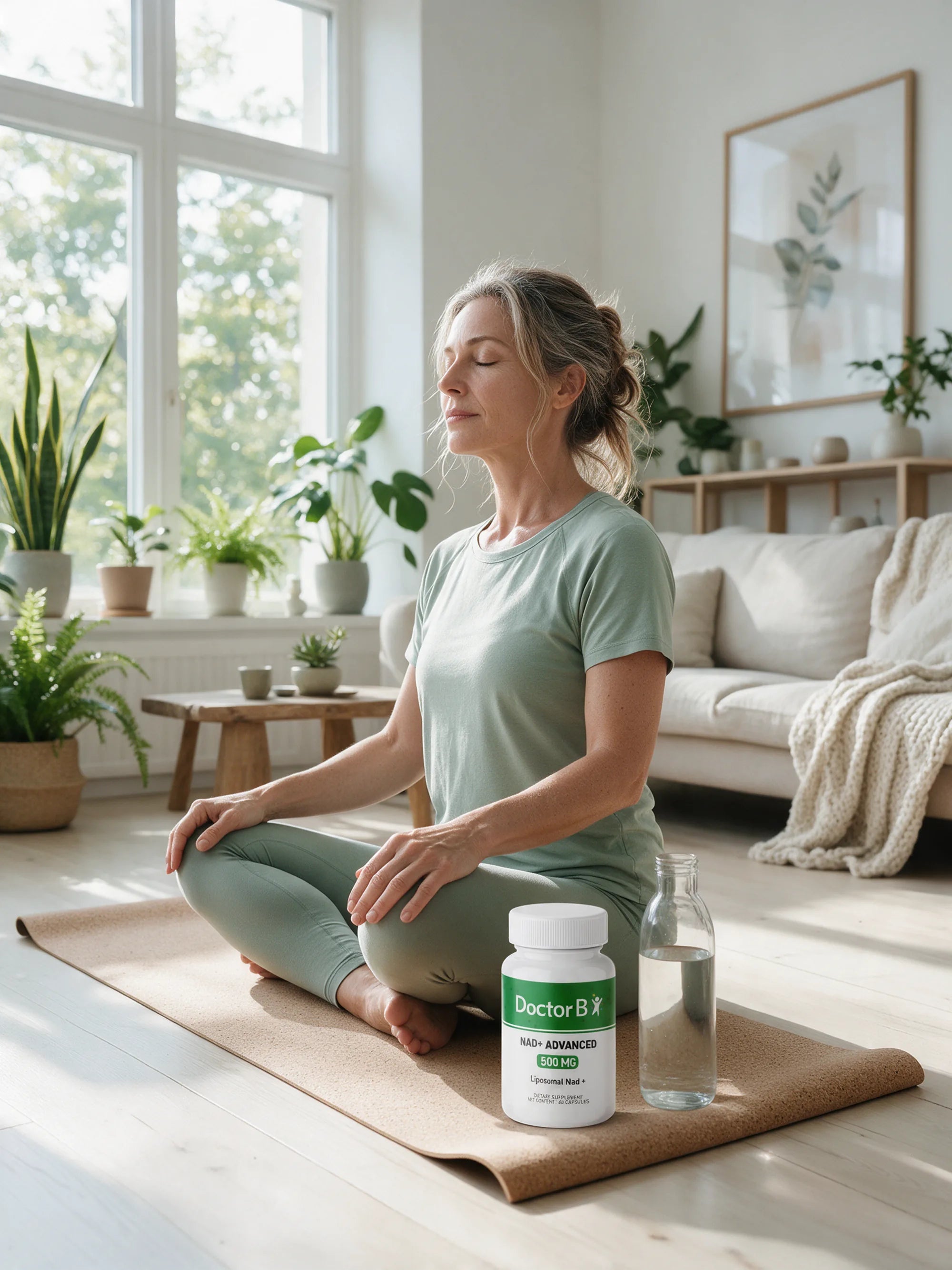 A woman on a yoga mat in a sunny loft, a bottle of Doctor B NAD+ Advanced beside a glass water bottle